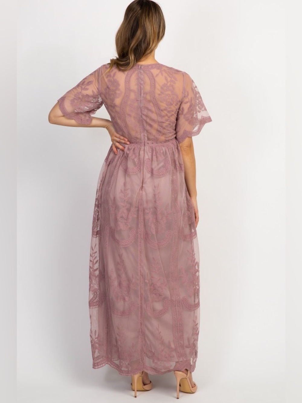 PinkBlush Mauve Lace Mesh Overlay Maternity Maxi Dress | 3X - Picture 3 of 12